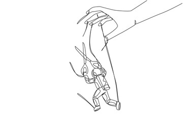 Continuous one line drawing astronaut walking moved by ropes controlled by giant hand. Untie with scissors. Must land on lunar surface. Expedition. Puppet. Single line draw design vector illustration