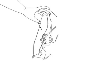Single continuous line drawing Arabian businessman walking moved by ropes controlled by giant hands. Relying on scissors to escape. Free from restraints. Puppet. One line design vector illustration
