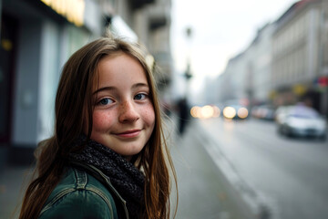 portrait of an early teenage girl smirking looking at the camera outside a city street - obrazy, fototapety, plakaty