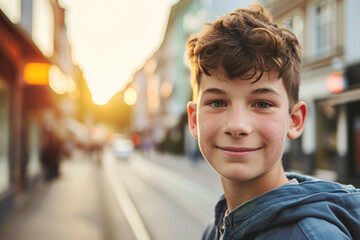 portrait of an early teenage boy smirking looking at the camera outside a city street - obrazy, fototapety, plakaty