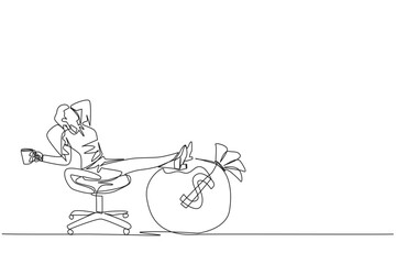 Single one line drawing businesswoman sitting relaxed in a work chair while holding a mug. Foot resting on the big money bag. Enjoying tremendous success. Continuous line design graphic illustration - obrazy, fototapety, plakaty