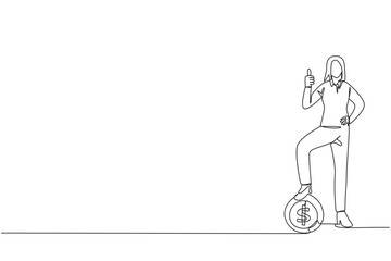 Single one line drawing businesswoman stands in a thumbs up pose and steps on a large coin with a dollar symbol. Excitement. Got a little extra capital. Continuous line design graphic illustration