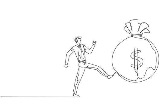 Single continuous line drawing businessman kicking money bag. Throwing away a golden opportunity to make big profits. No investments are empowered. Slow growth. One line design vector illustration