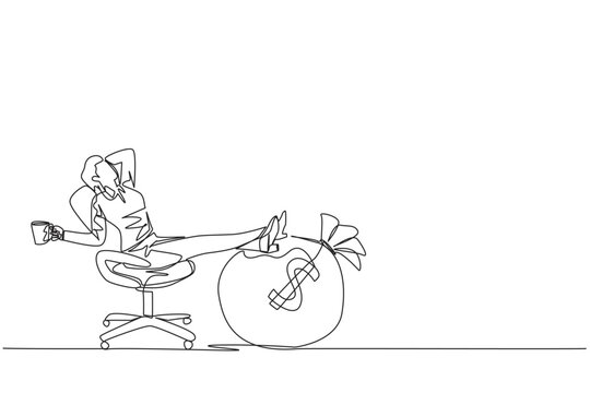 Single one line drawing businesswoman sitting relaxed in a work chair while holding a mug. Foot resting on the big money bag. Enjoying tremendous success. Continuous line design graphic illustration
