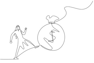 Continuous one line drawing angry Arabian businessman kicking the money bag. Not appreciating what has been achieved. Wasteful. Wasting a lot of capital. Single line draw design vector illustration