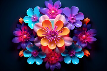 Symmetrical arrangement of neon-bright 3D flowers with room for your message.