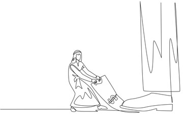 Single one line drawing Arab businessman pulling banknotes that were stepped on by the giant feet. Seize payment rights from unjust sovereigns. Struggle. Continuous line design graphic illustration