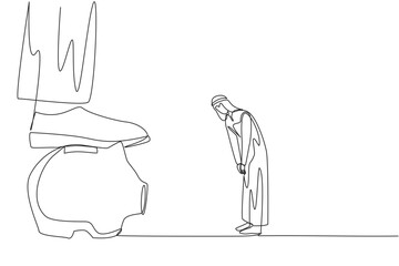 Single continuous line drawing Arabian businessman nodded in front of the giant foot that stepped on the piggy bank. Received orders to make massive investments. One line design vector illustration