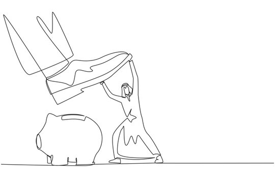 Single one line drawing Arab businessman holds back giant foot wants to step on piggy bank. Restraining the greed of sovereigns who will destroy assets. Continuous line design graphic illustration