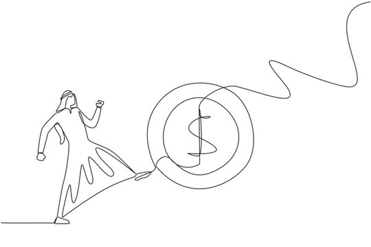 Single one line drawing Arabian businessman kicking a coin with a dollar symbol. Actions that are not worthy of imitation. Throwing away capital for free. Continuous line design graphic illustration