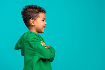 Profile side photo of adorable cute boy dressed trendy green clothes looking empty space isolated...