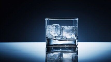  a glass of water with ice cubes on a reflective surface in the middle of the frame, with a black background.