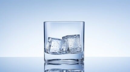  a glass of water with ice cubes on a reflective surface in front of a light blue backgroud.