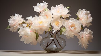  a vase filled with white flowers sitting on top of a table next to a gray wall in front of a gray background.