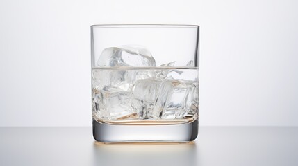  ice cubes in a glass of water on a reflective surface with a light reflecting off the side of the glass.