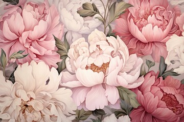 Tender peonies delicately arranged on a blush-toned canvas, forming an intricate floral pattern, ideal for accommodating text.