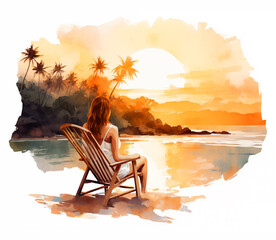 Girl in sunset watercolor paint