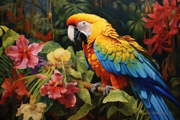 Vibrant natural environment with parrot framed by bright tropical leaves and flowers