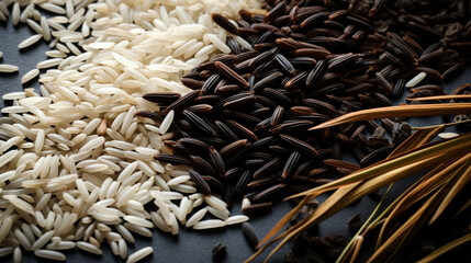 Food closeup of wild rice with white and brown rices as background isolated on dark background
