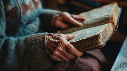 An elderly person reading the Bible, conveying wisdom and peace, Bible, blurred background, with copy space - obrazy, fototapety, plakaty