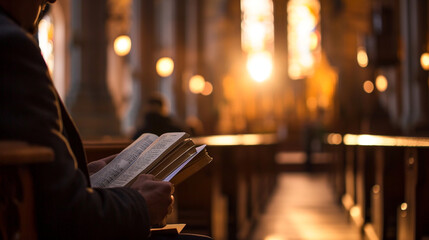 A pastor reading the Bible in a church before a service, Bible, blurred background, with copy space - obrazy, fototapety, plakaty
