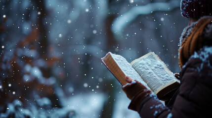 Fototapeta premium A person reading the Bible during a peaceful snowfall, Bible, blurred background, with copy space