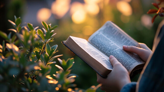 A person reading the Bible in a peaceful garden setting, Bible, blurred background, with copy space