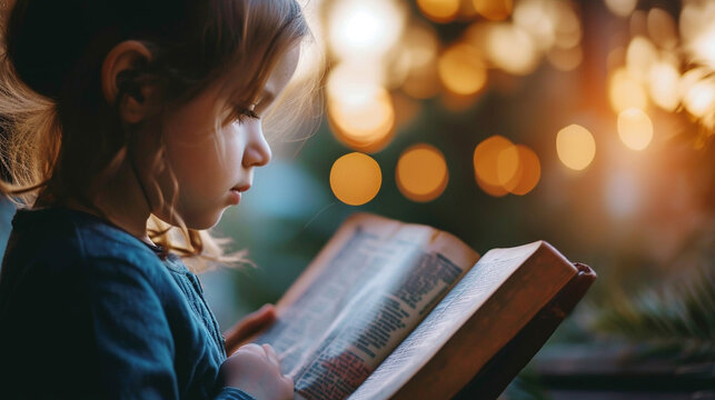 A child reading the Bible, showing early faith education, Bible, blurred background, with copy space