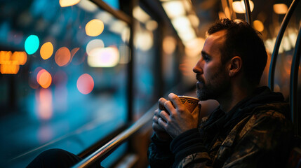 A man enjoying a snack while traveling on a light rail, blurred background, with copy space