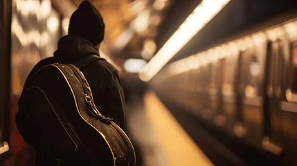 Foto op Aluminium A man with a guitar case traveling on a subway, blurred background, with copy space © Катерина Євтехова