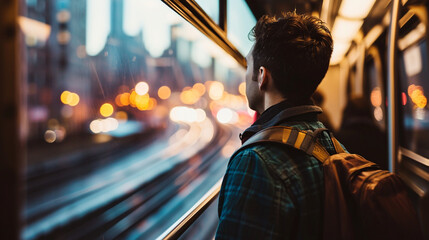 A man looking at the city skyline while traveling in an elevated train, blurred background, with copy space