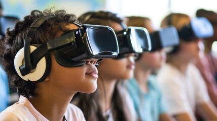 Many multicultural, multiracial schoolchildren using virtual reality headsets at the classroom