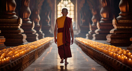 Buddhist monk walking in temple hallway