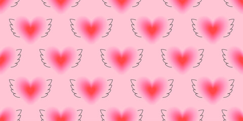 Valentines Day seamless pattern in 90s style.Romantic vector illustration in y2k aesthetic with pink blurred hearts and wings.Modern wallpaper for smm,fabric,invitations,prints,promo offers.