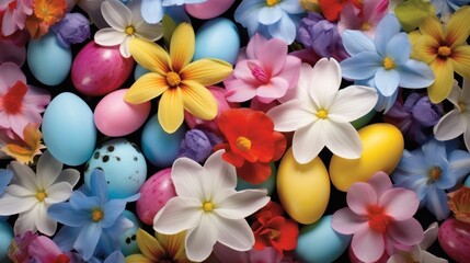  a close up of a bunch of eggs with flowers in the middle of the eggs and a bird's nest in the middle of the eggs.