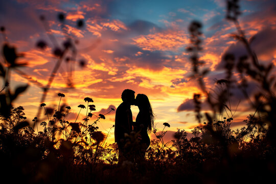 Silhouette of a couple sharing a kiss against a colourful sunse, San Valentine Day. live concept