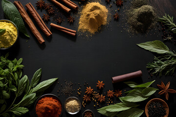Fresh herbs and spices on black background. Top view with copy space. Generative AI
