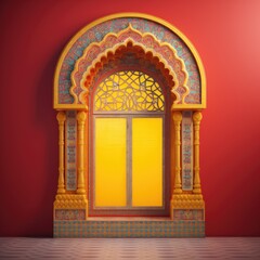 Obraz premium Door Design Indian and Arabic Style Red Yellow Color LED Wall VJ Created with Generative AI Technology