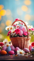  a basket filled with lots of flowers next to a basket filled with easter eggs on top of a wooden table.