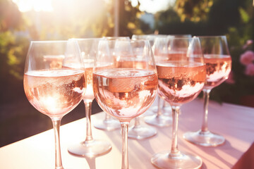 Rose parkling wine for guests at party. Champagne wedding reception welcome drinks.