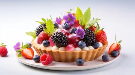 a fruit tart with berries, raspberries, blueberries, and raspberries on a plate.