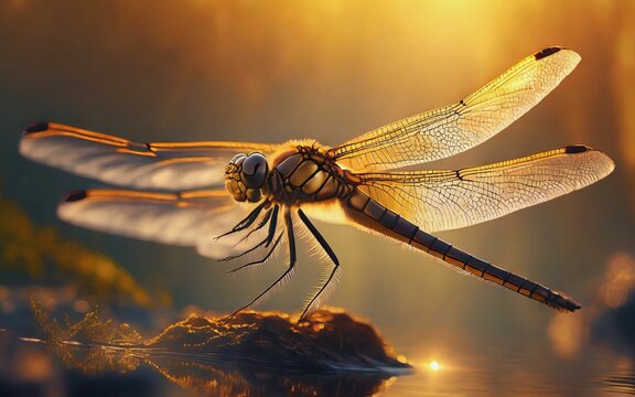 Dragonfly rests under the golden sunset