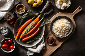 Cooking ingredients on a wooden background. Top view with copy space. Generative AI