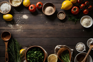 Cooking ingredients on a wooden background. Top view with copy space. Generative AI