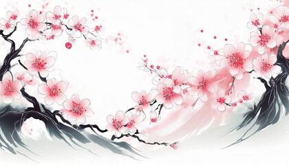 Piękne , delikatne kwiaty wiśni, sakura, hanami. Abstrakcja, tapeta, dekoracja. Generative AI - obrazy, fototapety, plakaty