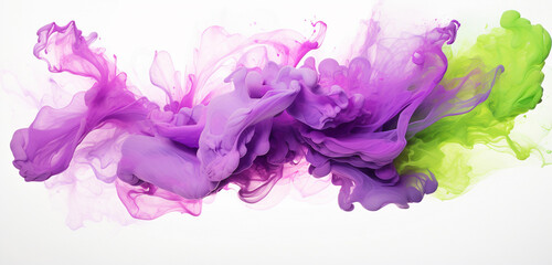 Whirling clouds of plum purple powder combined with flashes of lime green and magenta, crafting a dynamic and striking visual on a clean white surface.