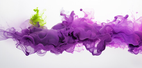 Whirling clouds of plum purple powder combined with flashes of lime green and magenta, crafting a dynamic and striking visual on a clean white surface.