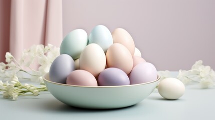  a bowl filled with eggs sitting on top of a table next to a white flower and a light pink wall.