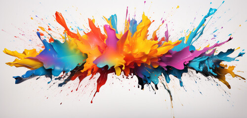 Whirling explosions of vibrant colored powder and energetic colorful paint splashes, forming lively design elements against a clean, solid white backdrop.