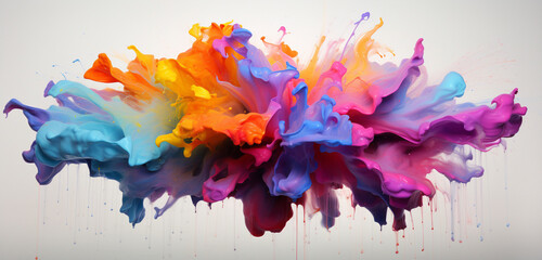 Whirling explosions of vibrant colored powder and energetic colorful paint splashes, forming lively design elements against a pristine solid white surface.